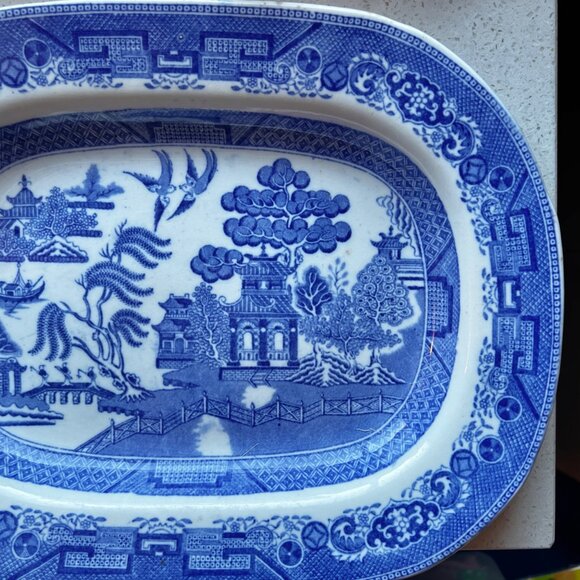 Antique Ridgway Staffordshire Blue & White Willow Pattern Serving Platter 11.5" - Picture 2 of 10